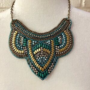 Elegant Beaded Statement Necklace in Gold and Blue